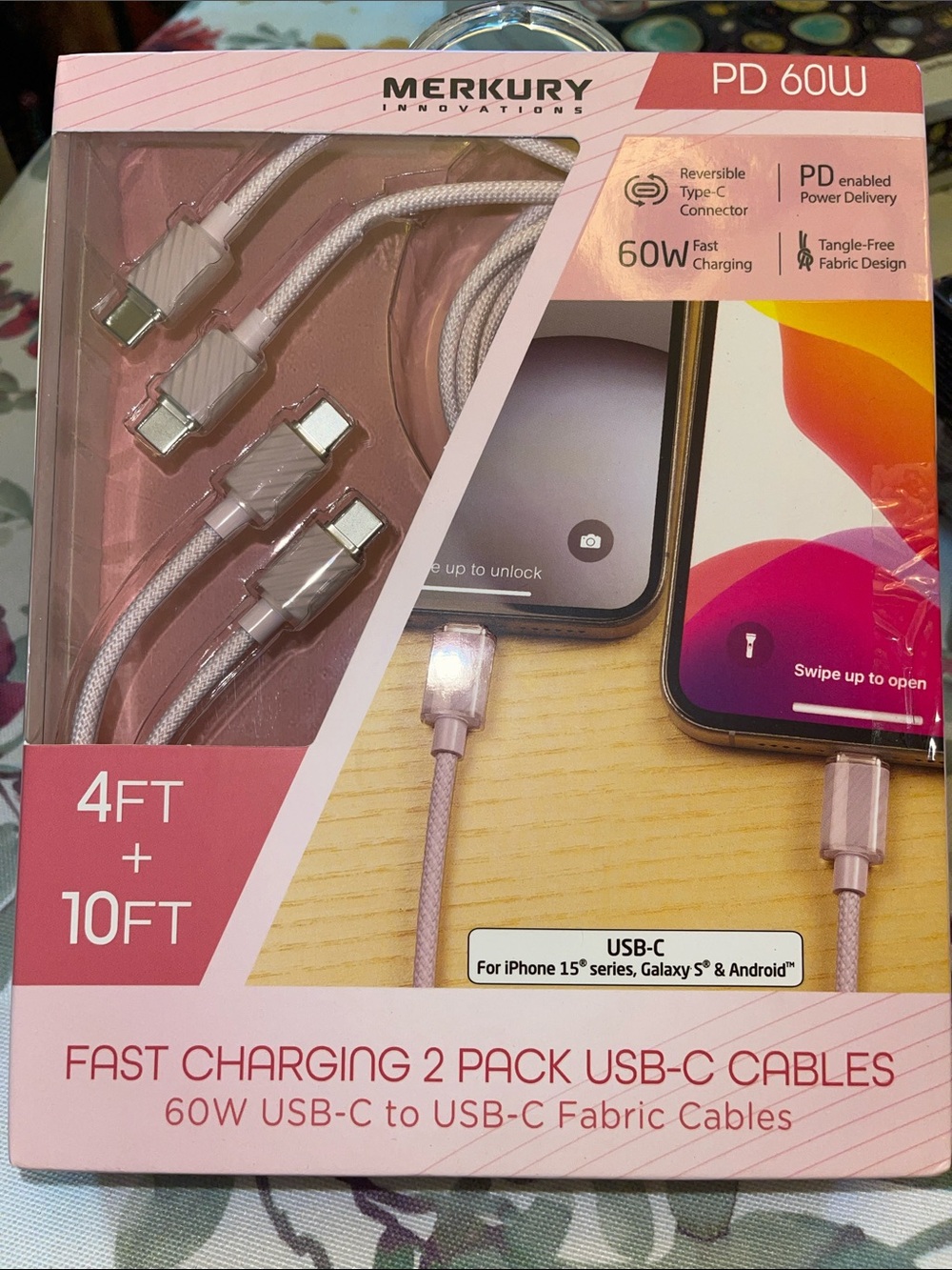 Merkury Fast Charging USB-C Cable 2-Pack — Pink (4ft + 10ft)